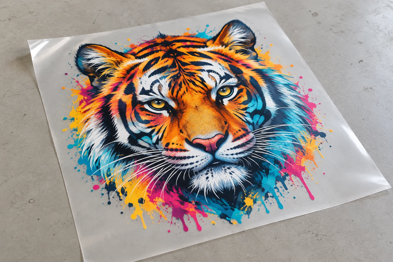 Colorful tiger design on a translucent DTF transfer sheet