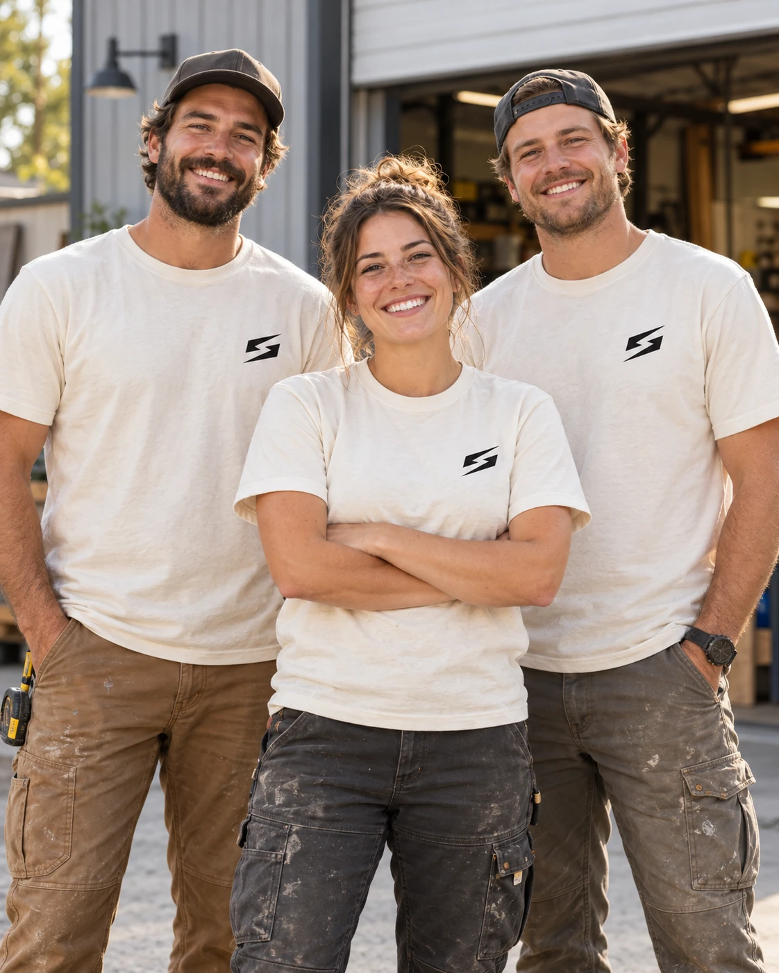 Happy work crew wearing matching custom shirts with left-chest Seek logos