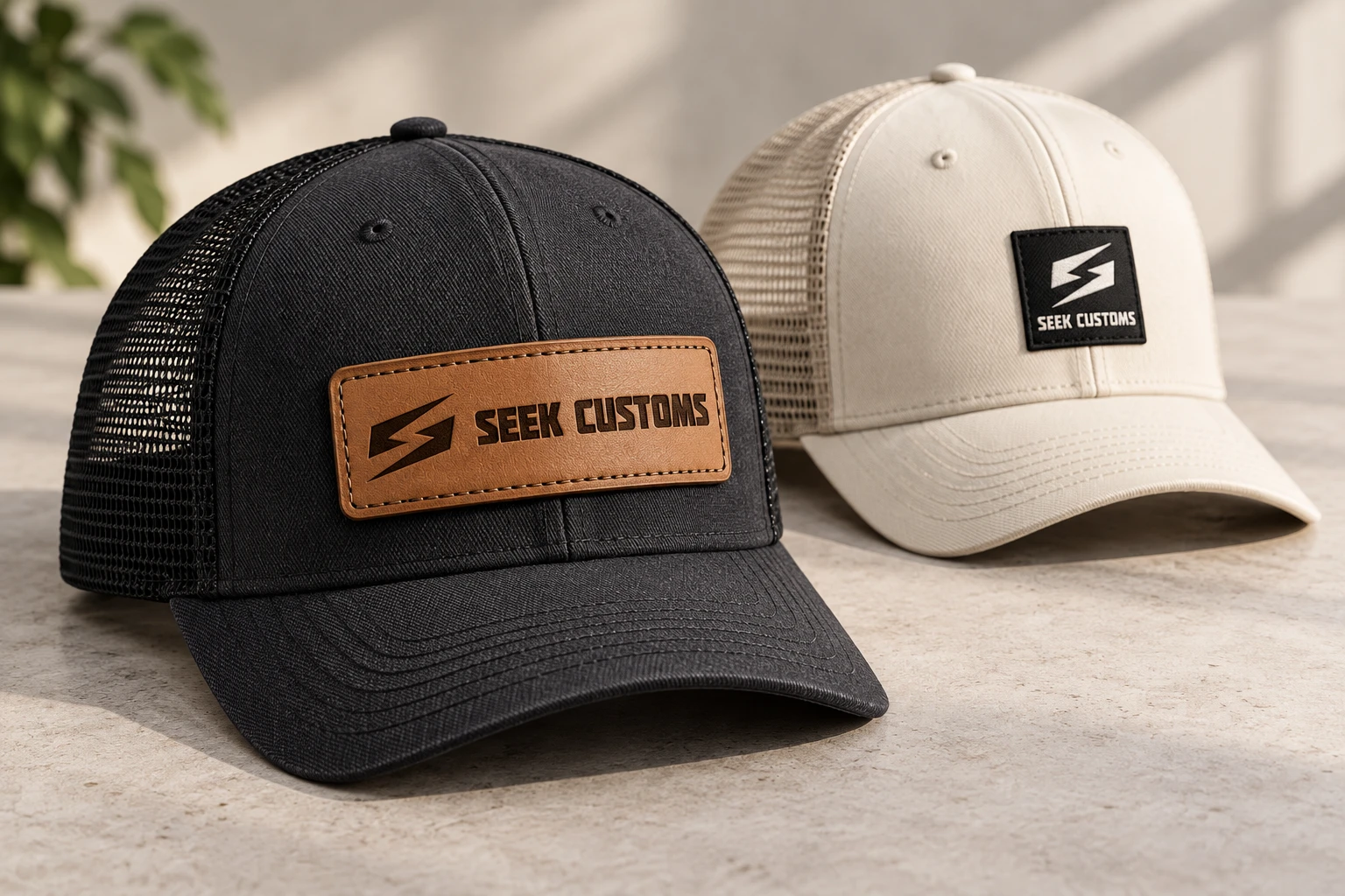 Charcoal and cream trucker hats with Seek Customs logo patches